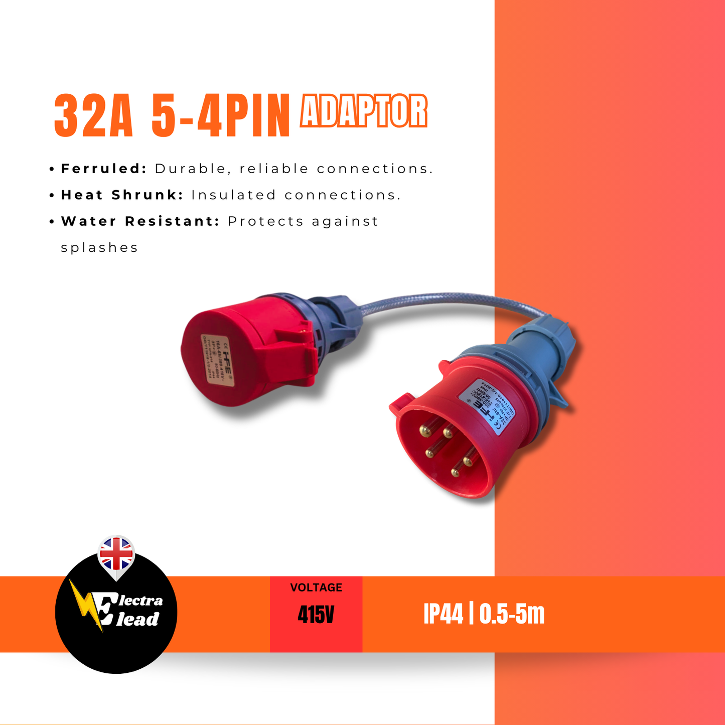 32Amp 5Pin Plug to 32Amp 4Pin Socket | 3Phase Adaptor |