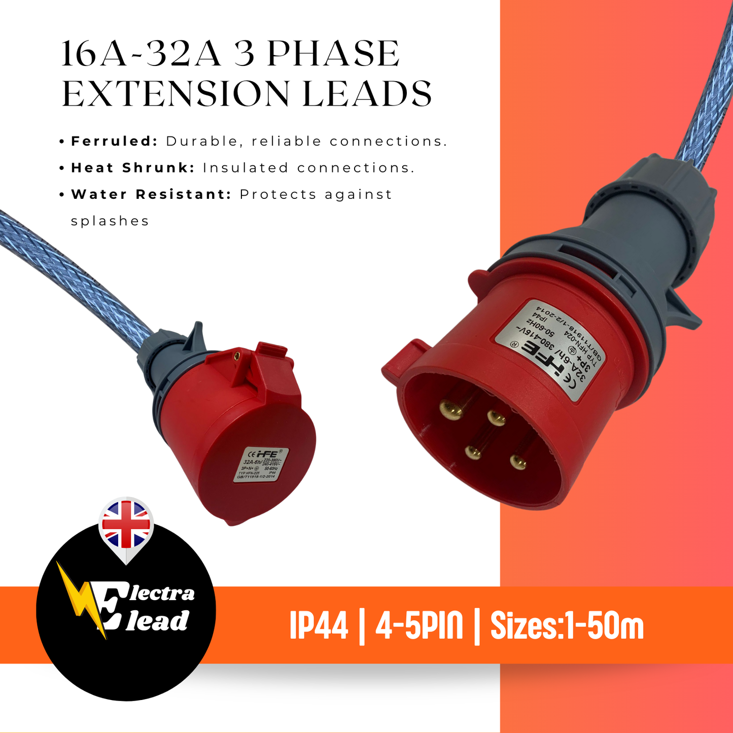 16A-32A | 4-5 PINS | 415V - IP44 SYCABLE HOOK-UP LEAD