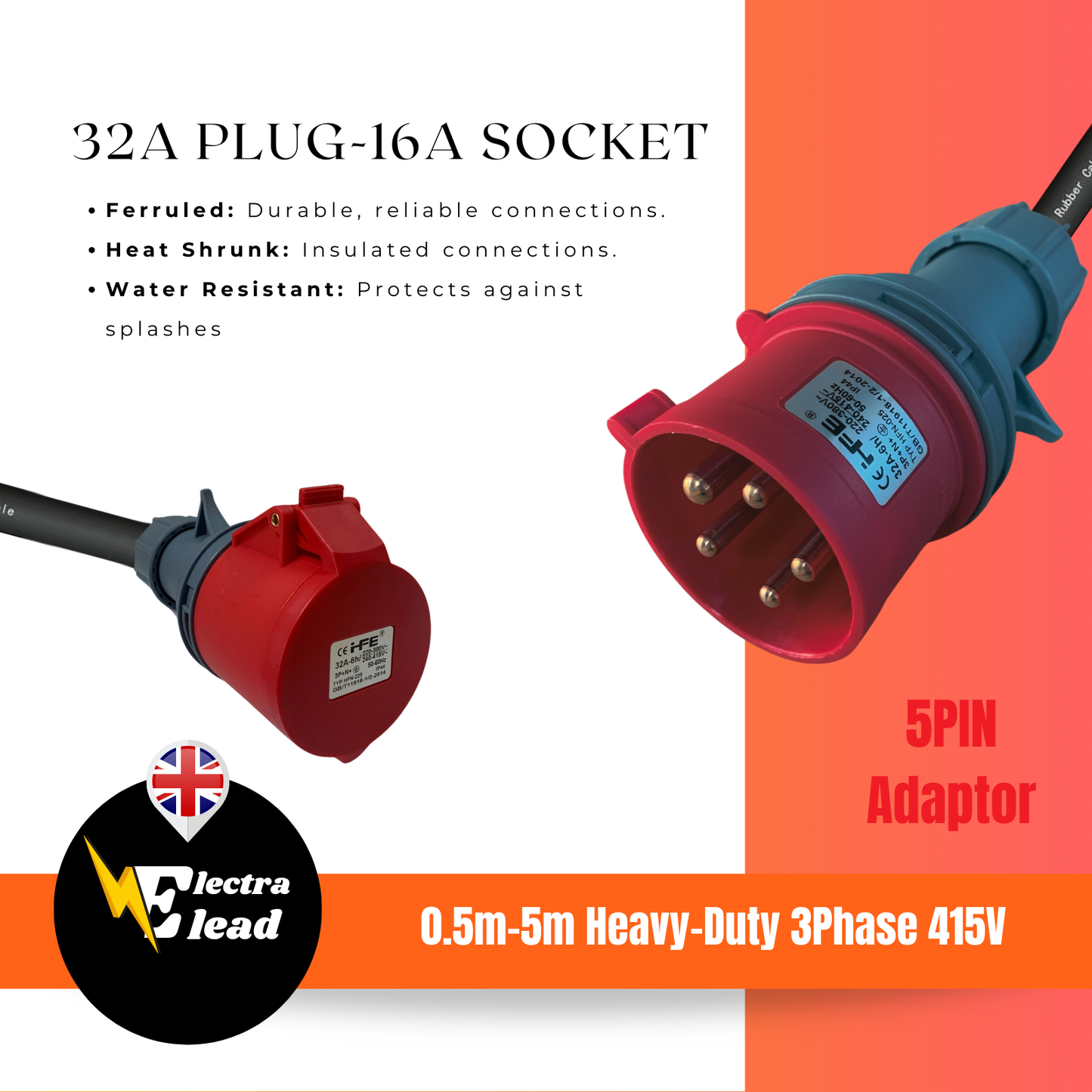 32Amp 5Pin Plug to 16Amp 5Pin Sockets | 3Phase Adaptor |