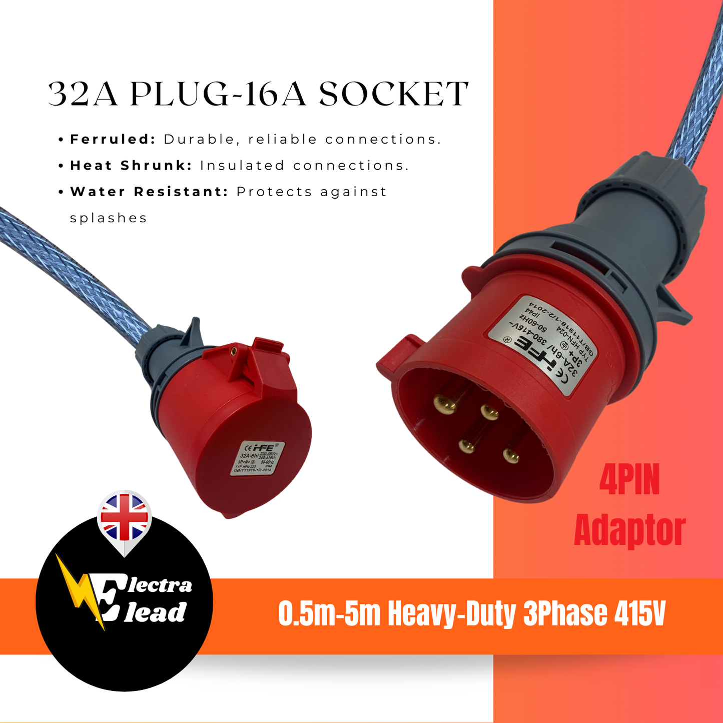 32Amp 4Pin Plug to 16Amp 4Pin Socket | 3Phase Adaptor |