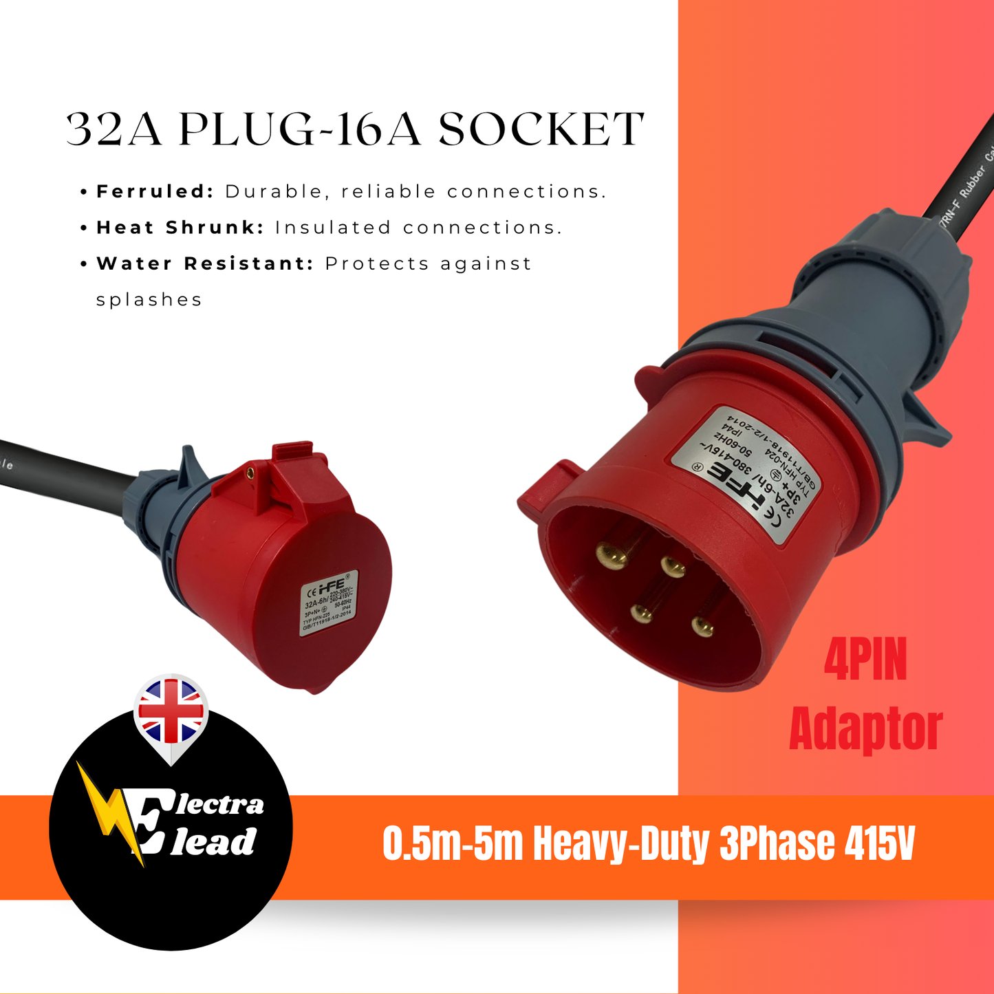 32Amp 4Pin Plug to 16Amp 4Pin Socket | 3Phase Adaptor |