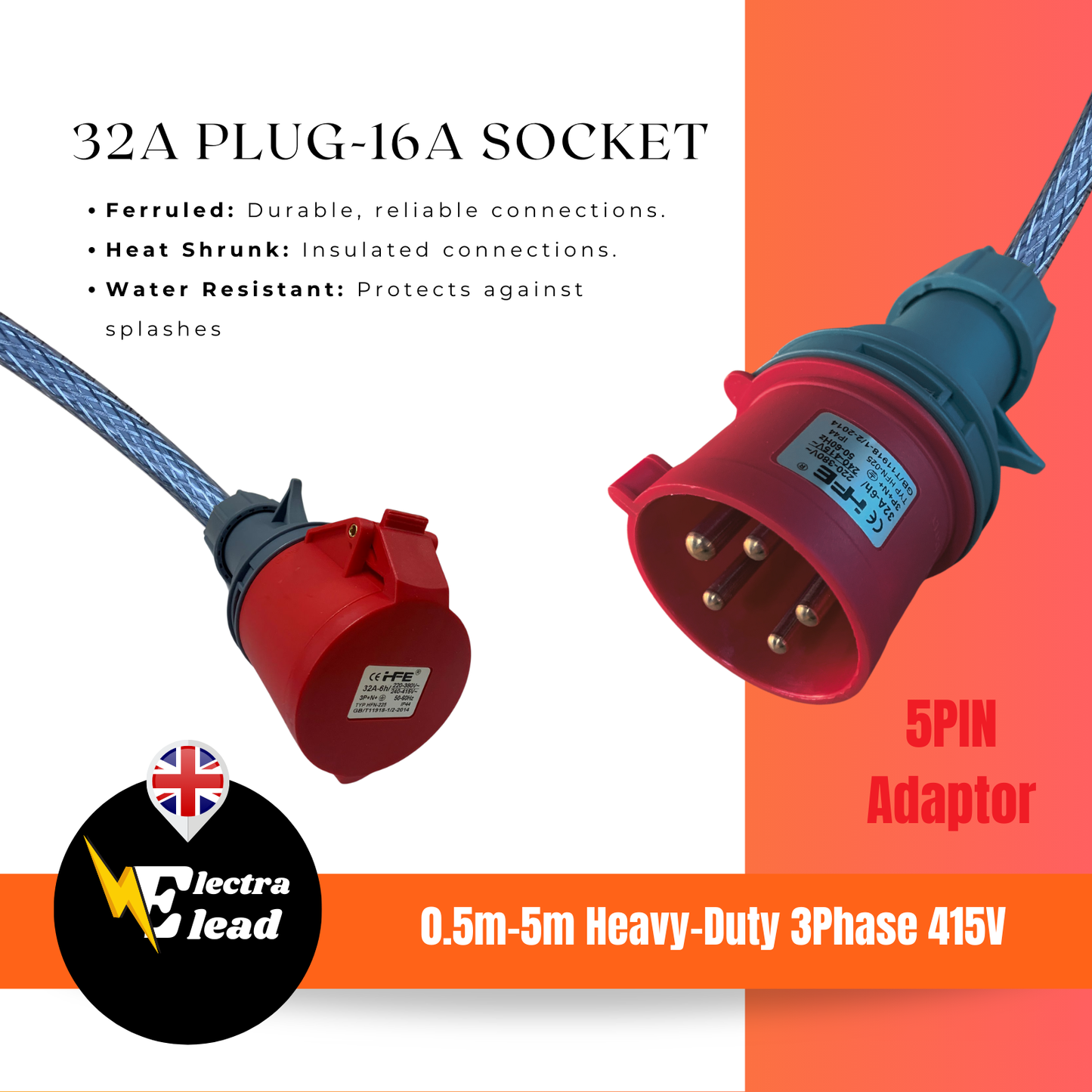 32Amp 5Pin Plug to 16Amp 5Pin Sockets | 3Phase Adaptor |
