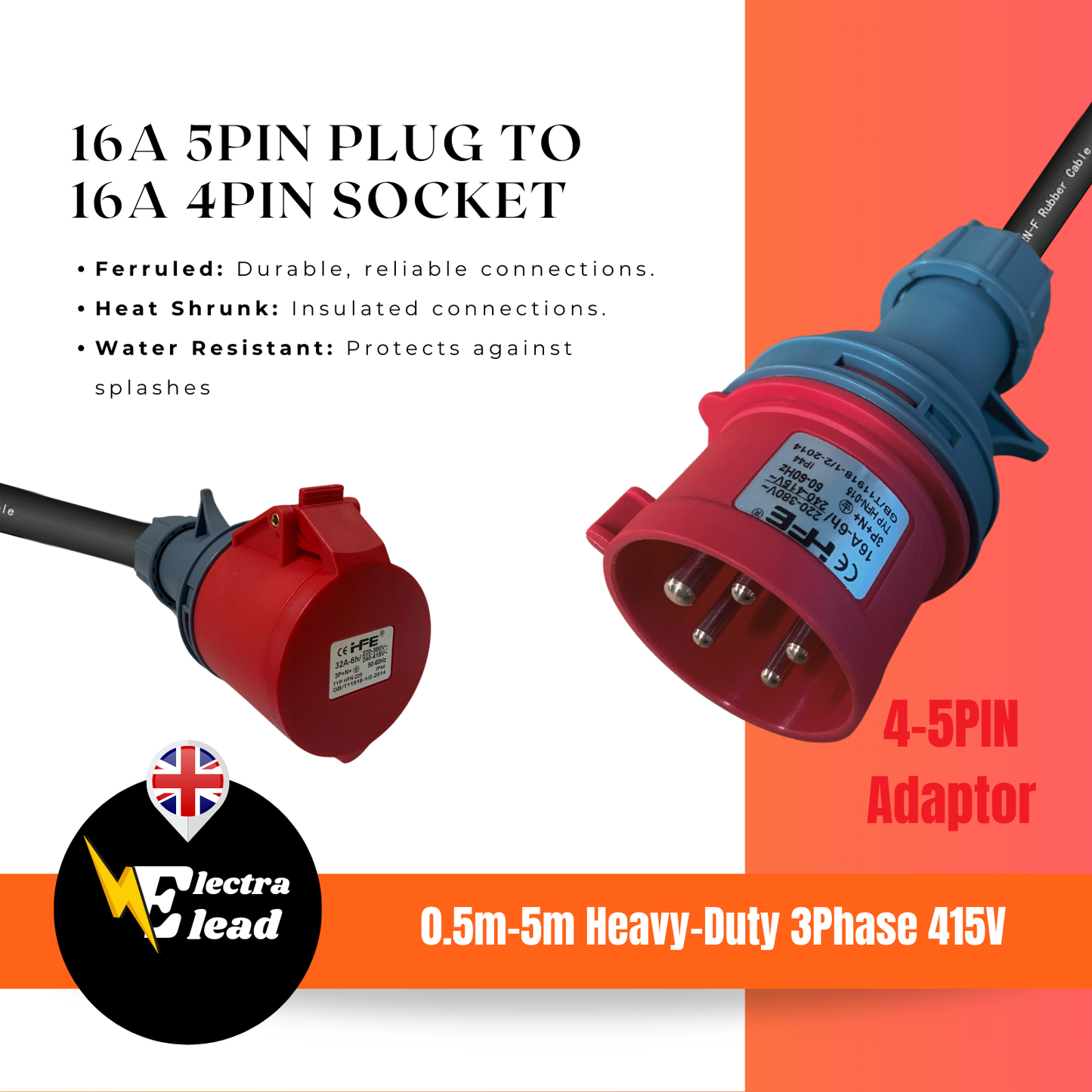 16Amp 5Pin Plug to 16Amp 4Pin Socket | 3Phase Adaptor |