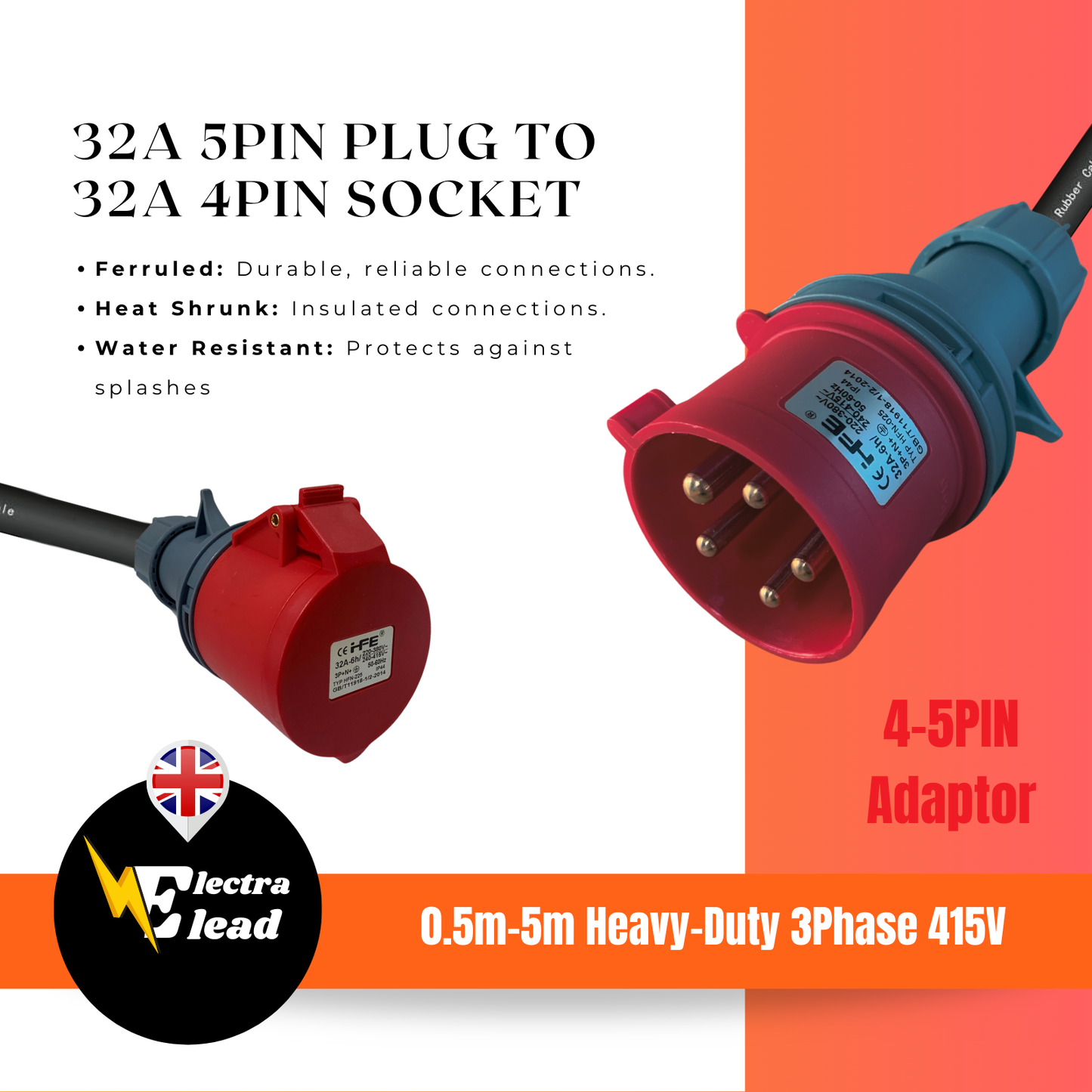 32Amp 5Pin Plug to 32Amp 4Pin Socket | 3Phase Adaptor |