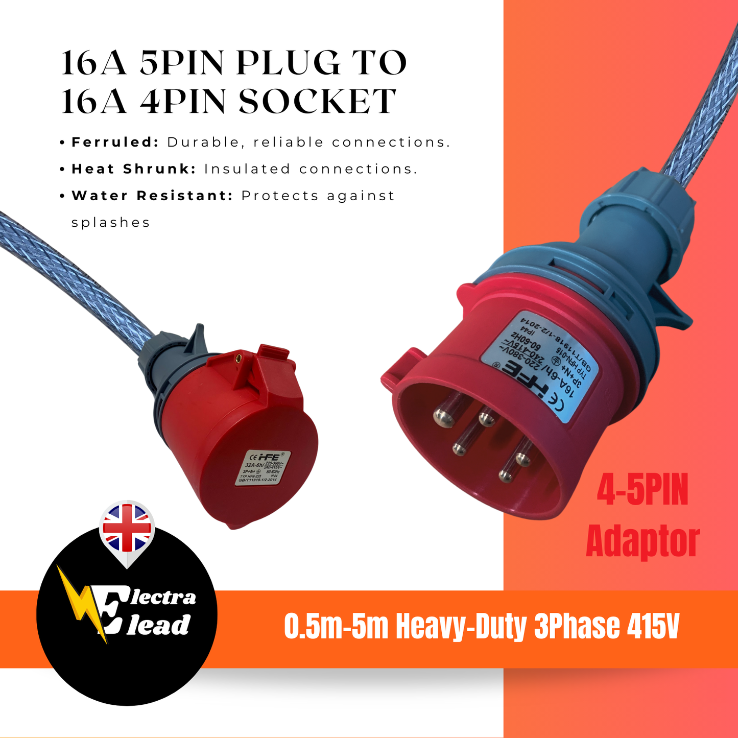 16Amp 5Pin Plug to 16Amp 4Pin Socket | 3Phase Adaptor |