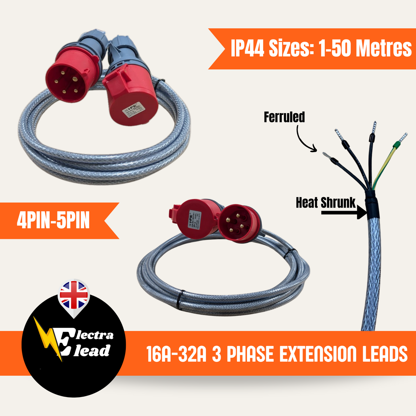 16A-32A | 4-5 PINS | 415V - IP44 SYCABLE HOOK-UP LEAD