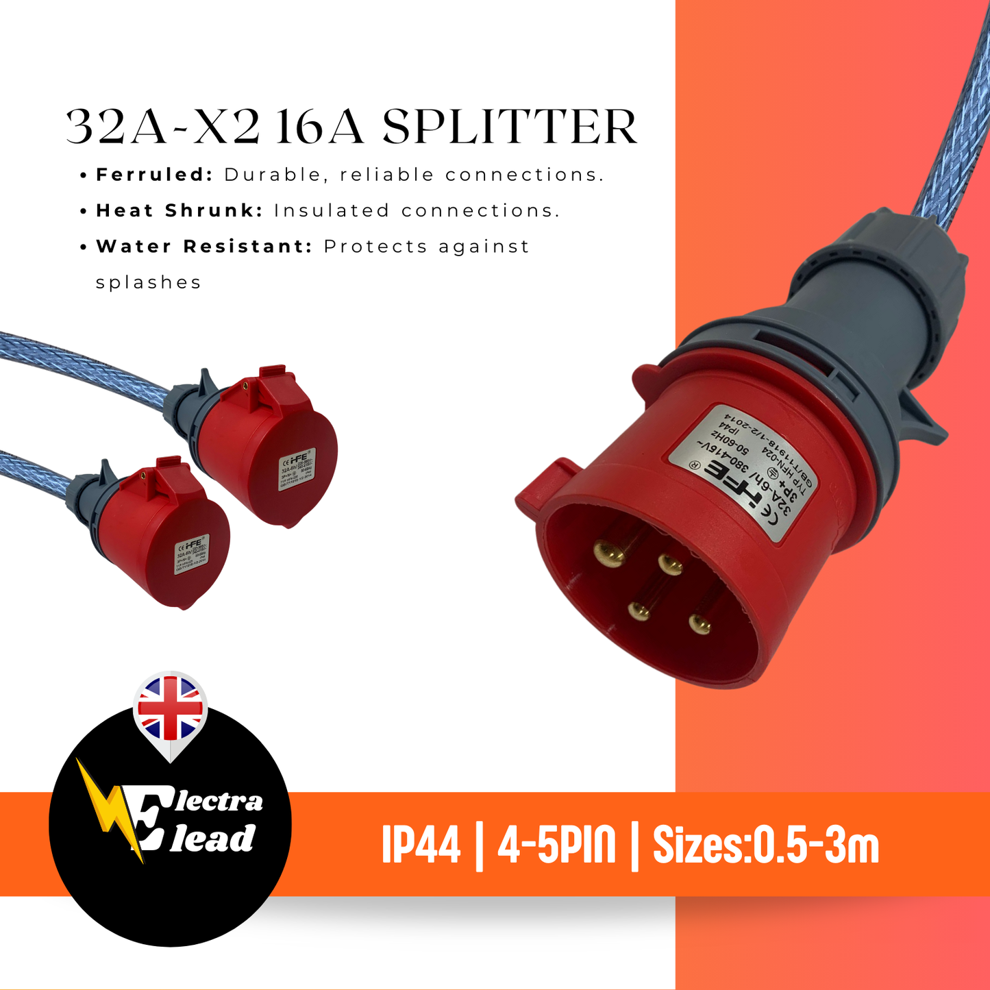 32A Splitter TO 2x 16A Sockets IP44 3 Phase
