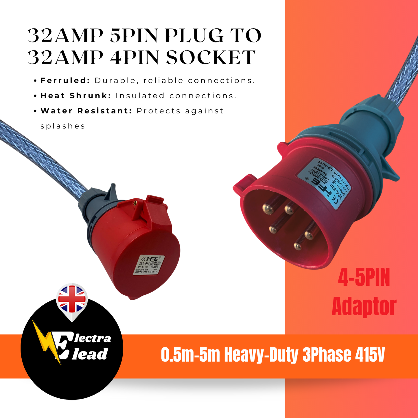 32Amp 5Pin Plug to 32Amp 4Pin Socket | 3Phase Adaptor |