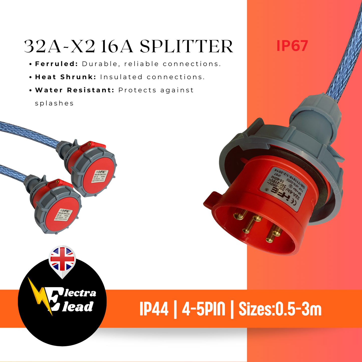 32A Splitter Cable 3PHASE | 2 Way Hook Ups 2 x 16 Amp Sockets | IP67 |