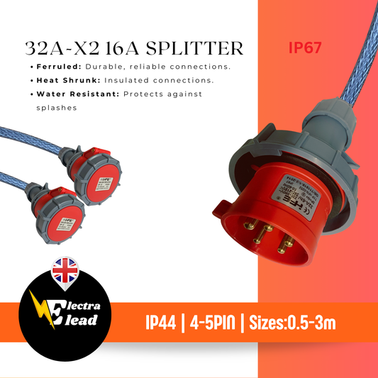 32A Splitter Cable 3PHASE | 2 Way Hook Ups 2 x 16 Amp Sockets | IP67 |